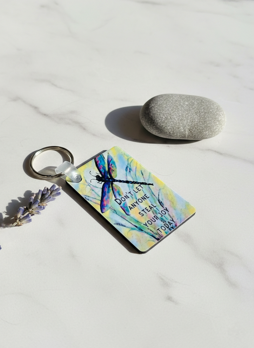 "Don’t Let Anyone Steal Your Joy" Dragonfly Keychain – Handcrafted Positivity Keepsake