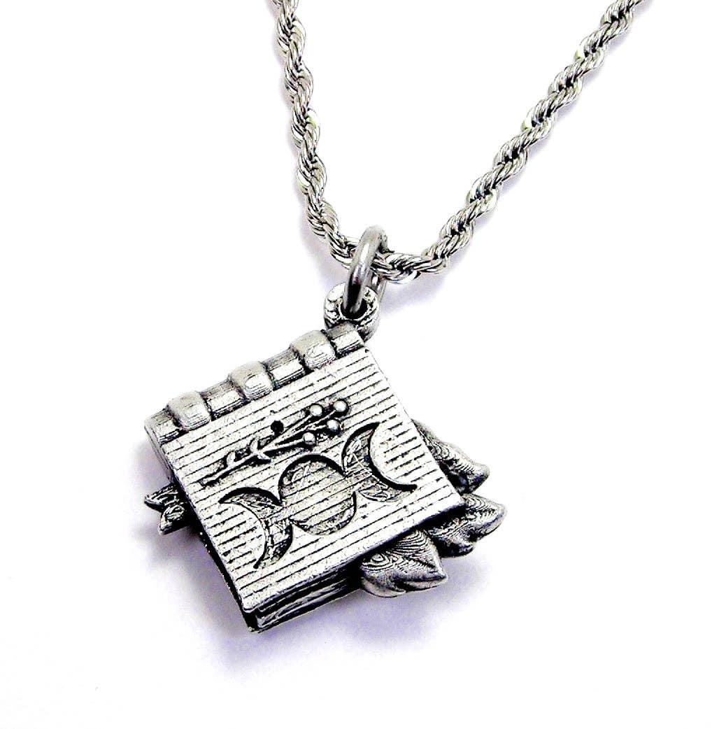 Triple Moon Goddess Book Charm Necklace Wicca Pagan Witch