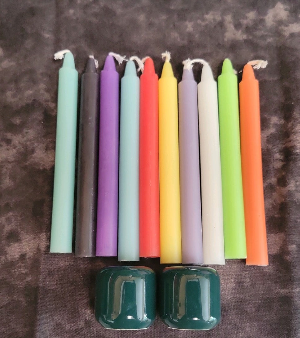 10 pack of colored candles with chime candle holder