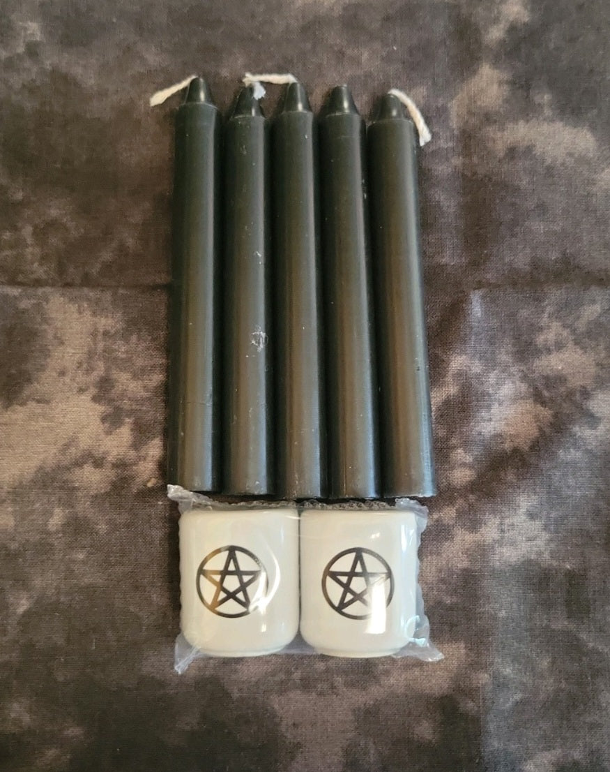 5 pack of Black Chime Candles with Candle holder