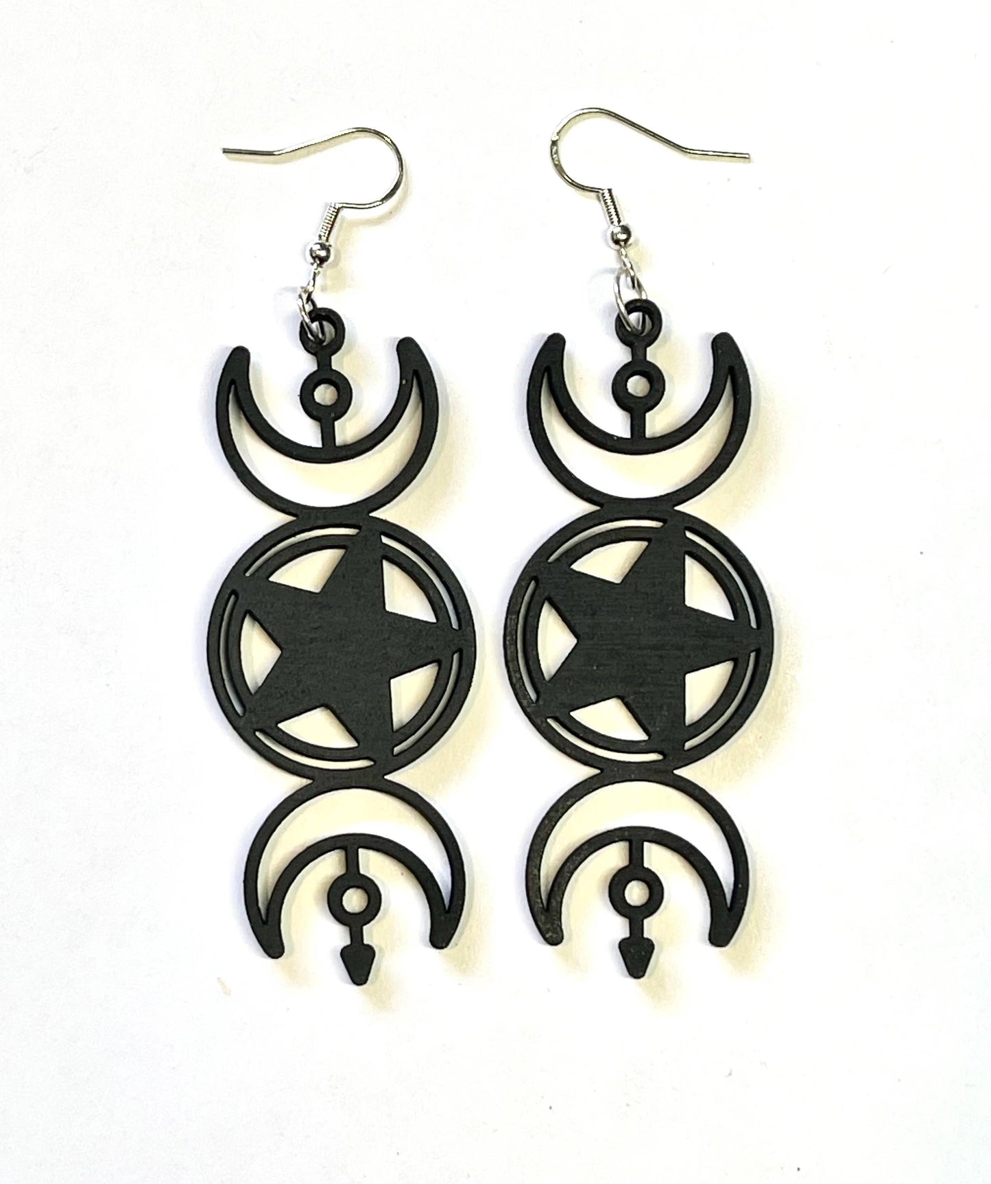 Triple moon goddess wood earrings