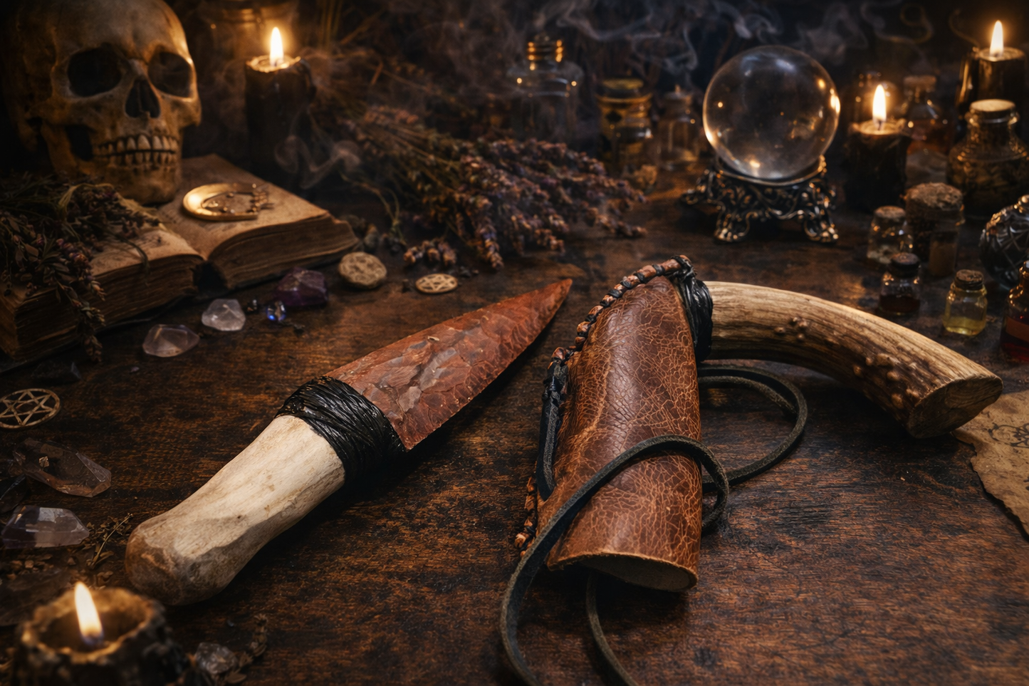 Hand Knapped Red Jasper Ritual Knife with Antler Handle by George Brooks