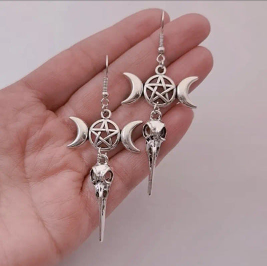 Triple moon raven earrings