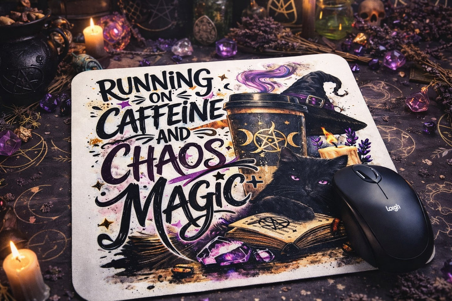 Running on Caffeine & Chaos Magic - Witchy Sublimated Mouse Pad