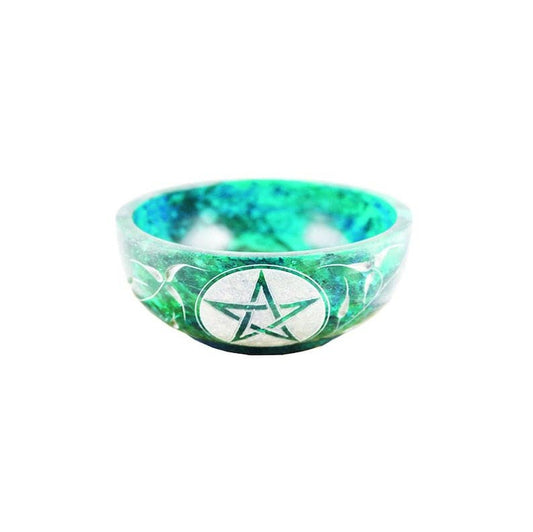 Hand Carved Soapstone Smudge Bowl - Turquioise Pentacle