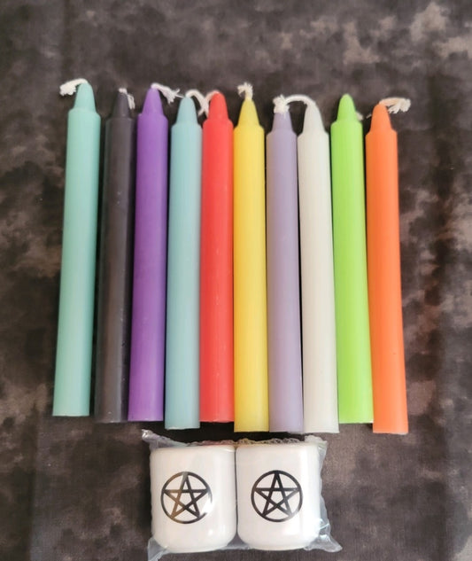 10 pack of colored candles with chime candle holder