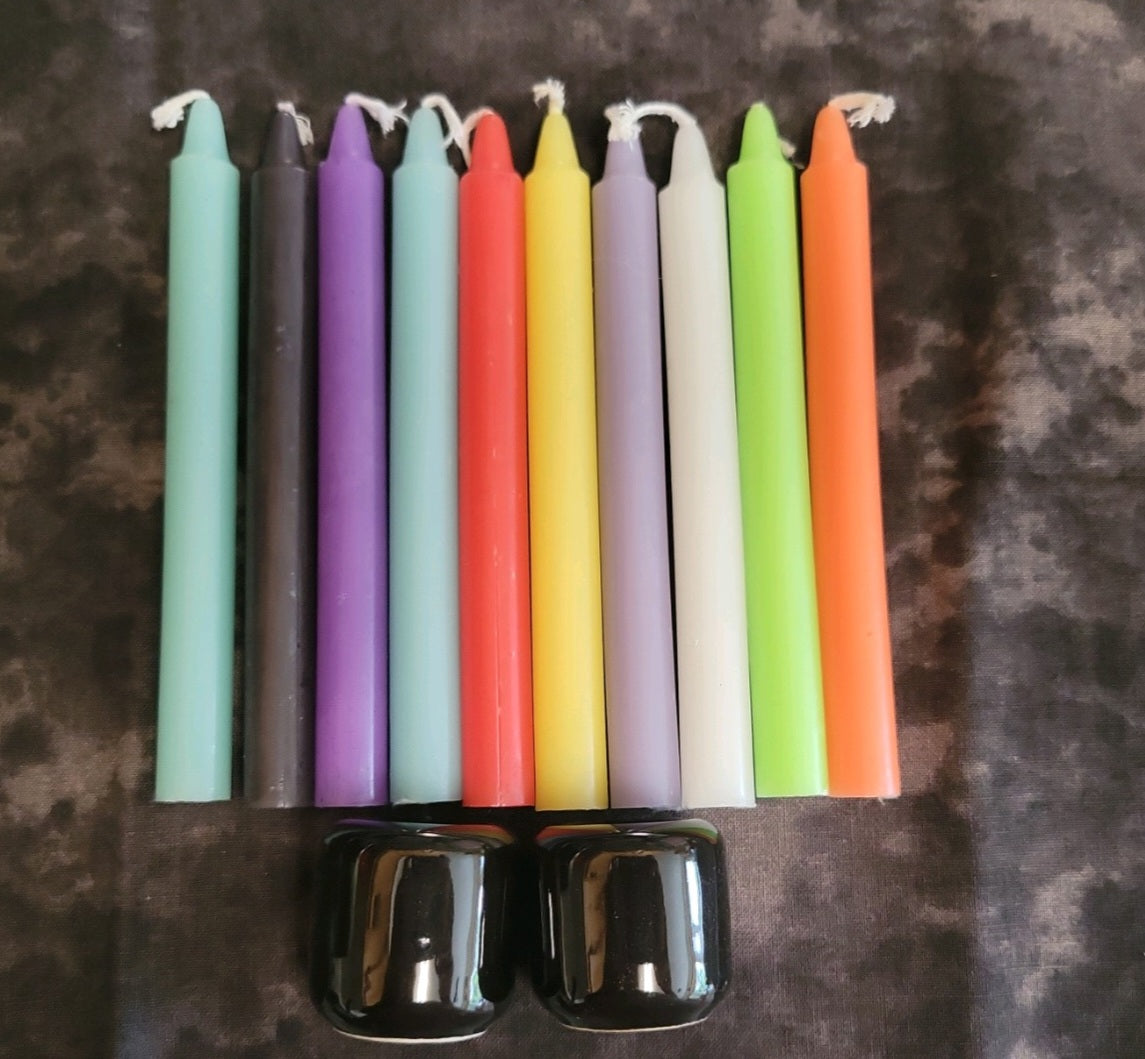 10 pack of colored candles with chime candle holder