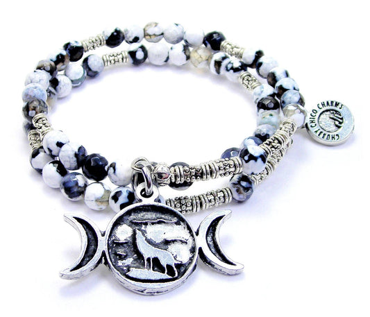 Triple Moon w/ Howling Wolf Agate Stone Quartz Wrap Bracelet